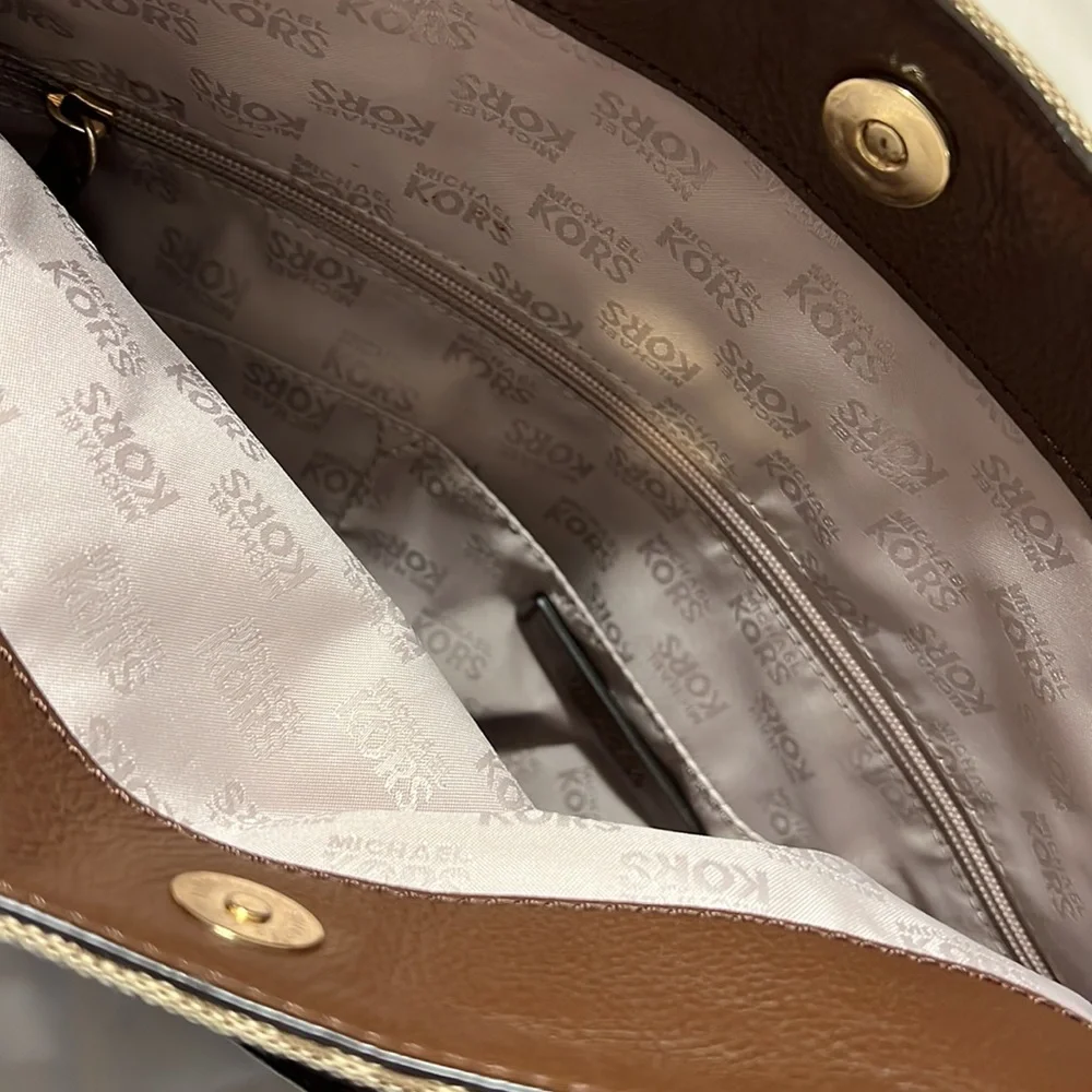 Michael Kors Beige and Brown MK Logo Shoulder Hobo$45